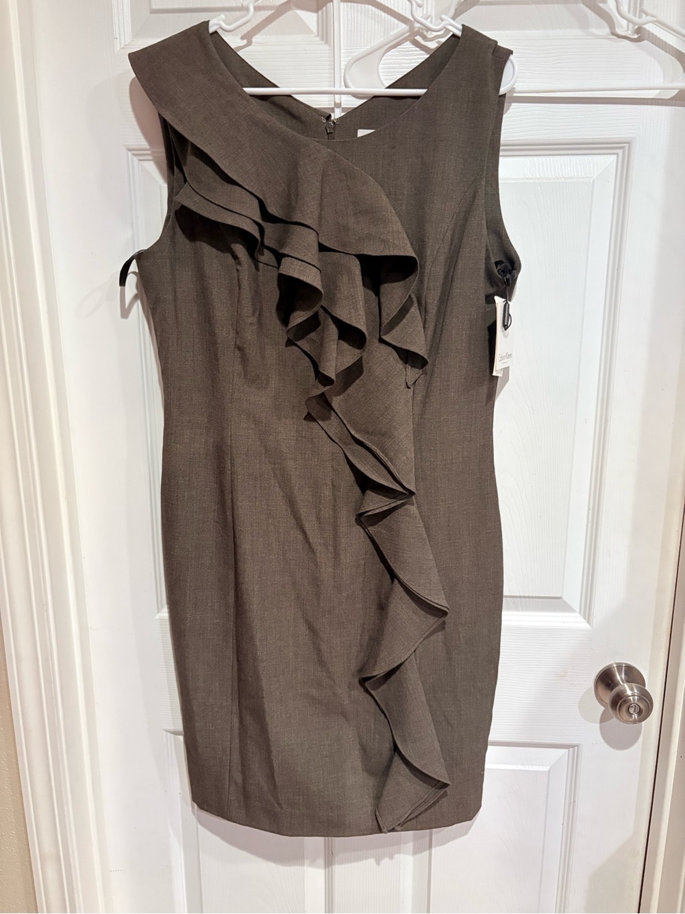 Calvin Klein Sleeveless Ruffle Sheath Dress in Dark Taupe